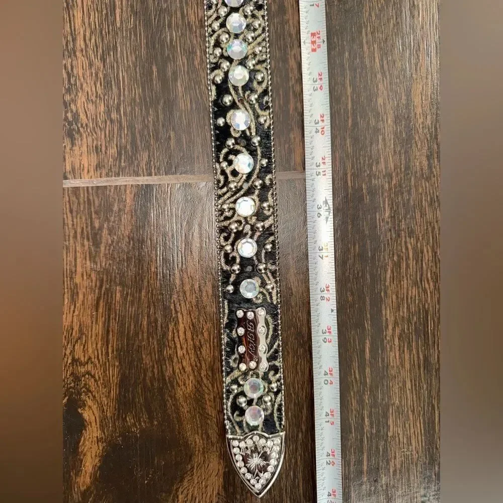 BHW Genuine Leather Cross Rhinestone Western Cowgirl Bling Belt Size large nwot